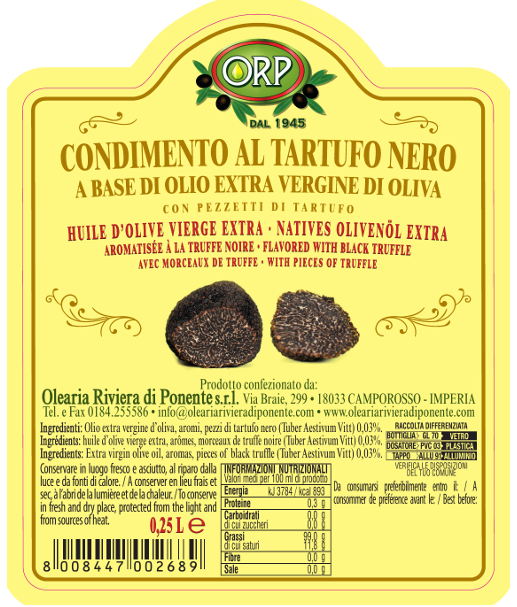 Huile aromatisée à la truffe NOIRE - 250 ml.