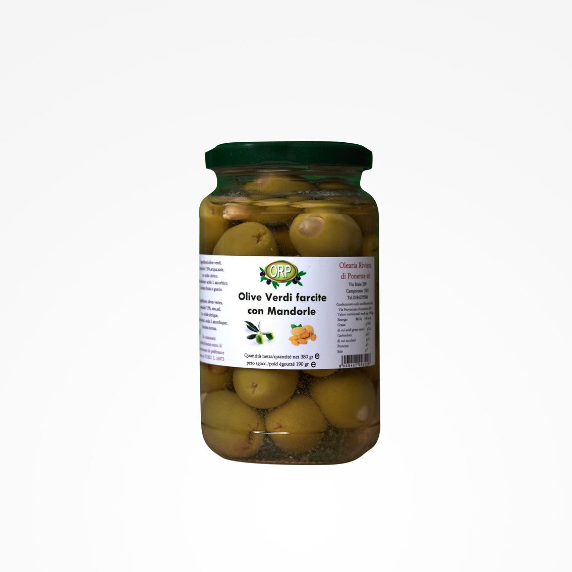 Olives vertes farcies aux amandes - Pot 380 gr.